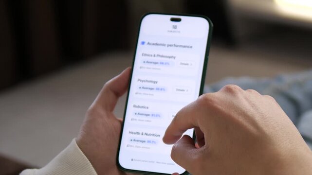 Scrolling through academic performance by subject. The user taps to view detailed scores for Drama, Ethics, Psychology, Robotics, and Health. Ideal for illustrating grade tracking, student progress