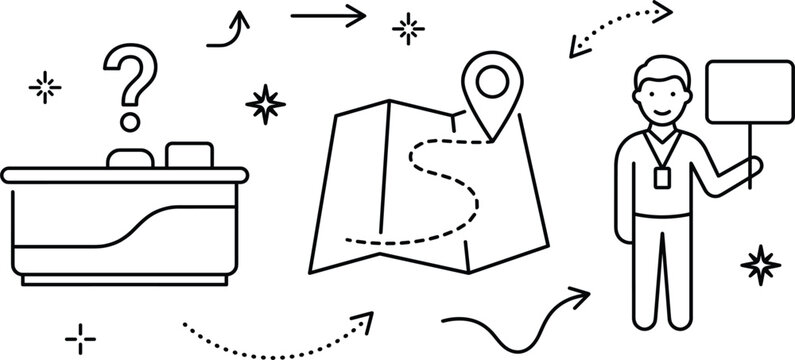 Travel tourism information desk vector illustration with tourist guide holding sign map destination route navigation pin question icon