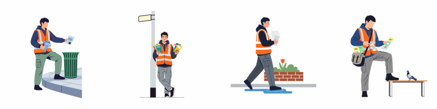 Flat vector illustration set of a promoter in a high-visibility vest distributing, throwing away, and carrying various flyers and brochures on the street.