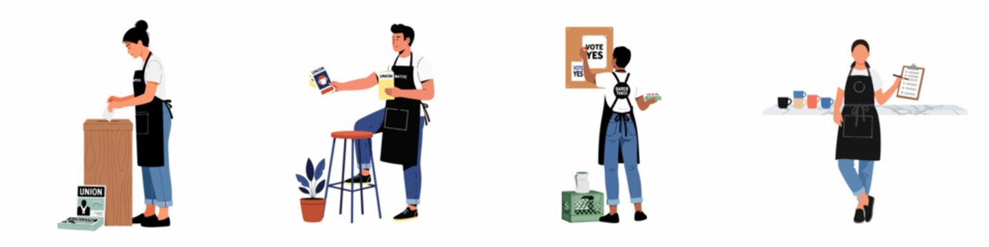 Set of coffee shop workers and baristas organizing and voting for unionization in flat vector style.