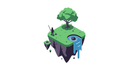 A lone traveler stands on a small floating island with a waterfall and a tree © Zahra