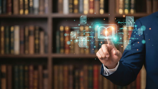 Glowing digital book innovation vision businessman touching knowledge network icon perfect for corporate presentation and recruitment brochure