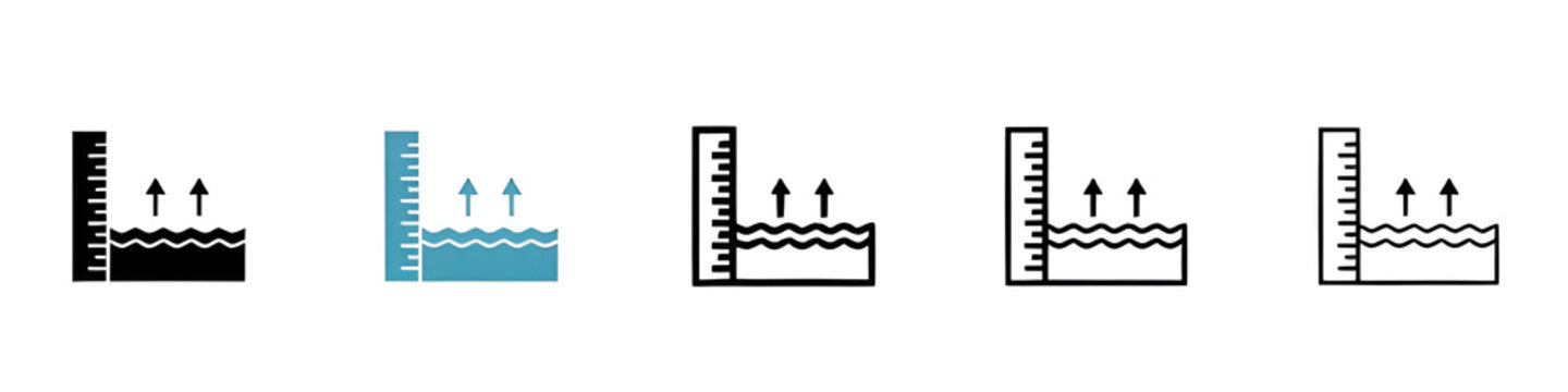 Sea Level vector icon set. Rising water level measurement symbol in black and white color. Thin line customizable illustration. Contour symbol. Vector isolated outline drawing. Editable stroke
