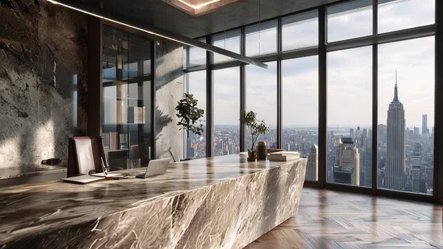 4K Ultra HD Modern luxury executive office with marble desk and panoramic new york city skyline view featuring the empire state building video