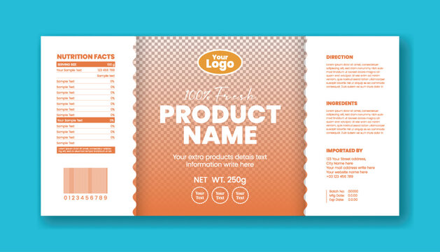 Fresh orange citrus skincare packaging label template featuring realistic fruit slice with nutrition facts barcode ingredients list and directions for high quality beauty product packaging design