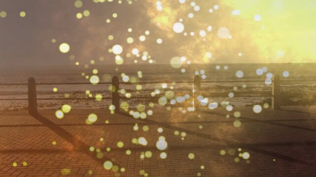 On start sea railing and walkway holding steady, bokeh orbs rising, sun flare warming travel scene