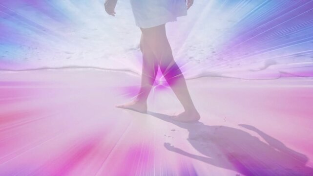First step starting pink flare, bare feet walking, leaving prints, toes touching surf, showing calm