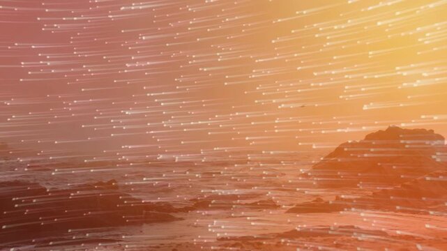 Rocky shore and streaks drifting right, right glow brightening while birds appearing, warming sea