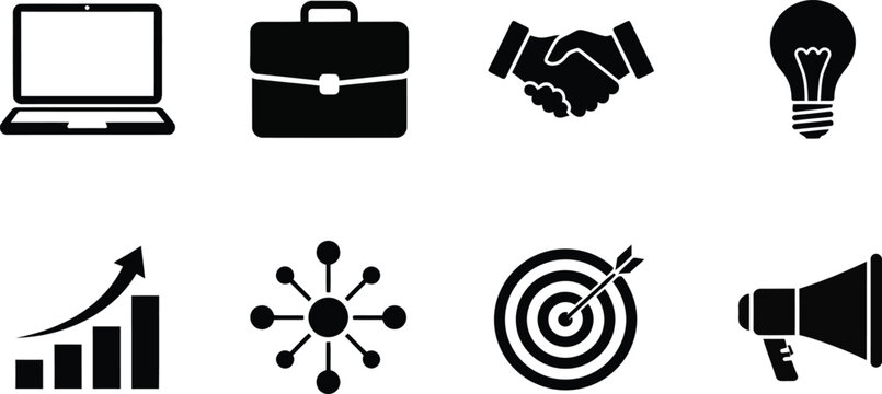 Business and success concept icons set with laptop computer briefcase handshake light bulb growth network target and megaphone Vector