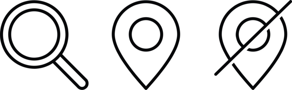 Navigation location search and tracking line art icon set featuring magnifying glass map pin point isolated on white