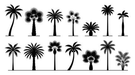 Fototapeta premium Collection of diverse black silhouette palm trees, showcasing various tropical foliage designs and shapes suitable for nature and travel themes