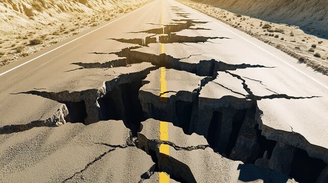 dislocation. Aerial view of a cracked desert highway with severe lateral dislocation. travel magazines, destination branding, designed for outdoor magazines and nature guides.