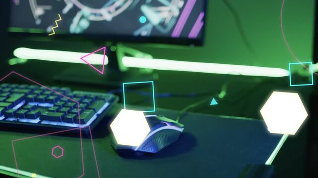 Shapes appearing and drifting across green LED desk, clustering near wired mouse, promoting product