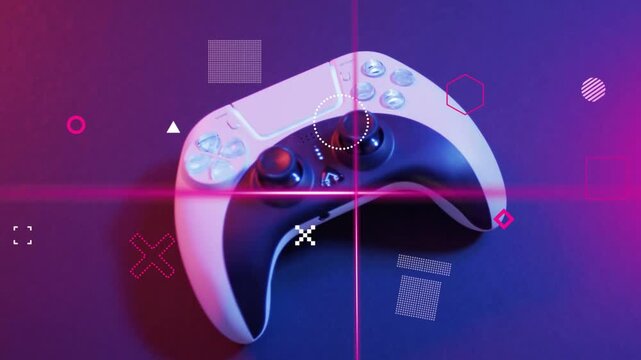 Game controller sitting center magenta laser sweeping forming crosshair, overlays showing promotion