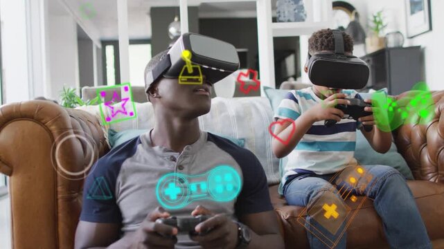 Adult man, child boy on couch pressing controllers, starting VR HUD and gaming as icons clustering