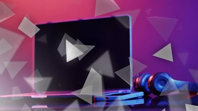 Top-left triangles drifting, morphing across frame while products holding center, showing gear