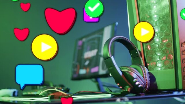 Headphones resting on desk, icons spawning lower left, drifting up right, growing, showing likes