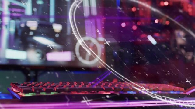 HUD overlay activating, sweeping across mech RGB keyboard, showing blurred monitor RGB glow