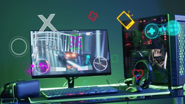 On playback start gaming setup displaying racing HUD while neon icons floating to showcase hardware