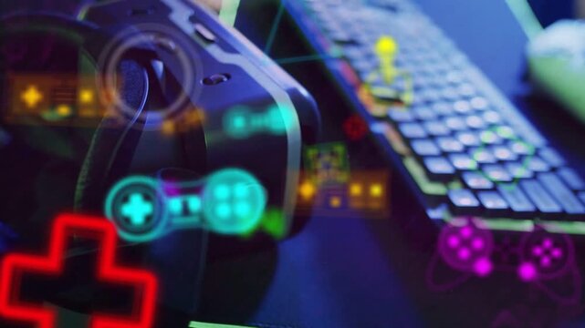 Camera pulling back and shifting, VR headset staying left, HUD icons pulsing, revealing peripherals