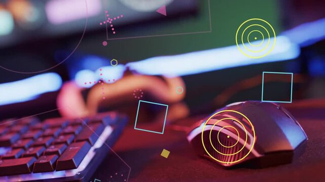 LED strip pulsing, HUD graphics forming and orbiting mouse, highlighting gaming controls