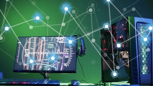 HUD switching to SWITCHING VIEW then glowing nodes emerging and linking, showing network over desk