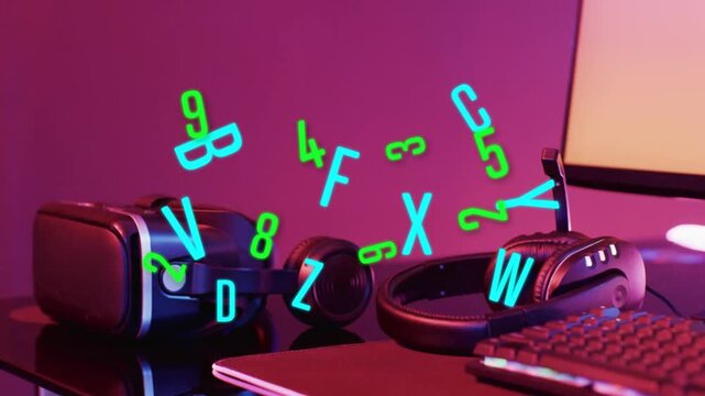 Sudden neon characters appearing above black desk, orbiting VR headset and headphones, showing data