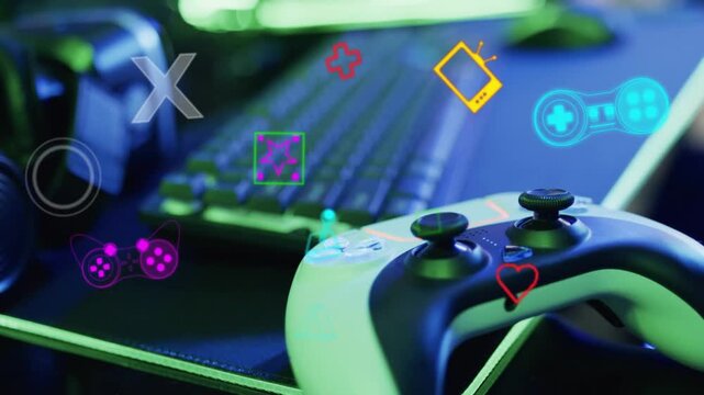 White black controller resting with glowing game icons appearing drifting right grouping to show UI