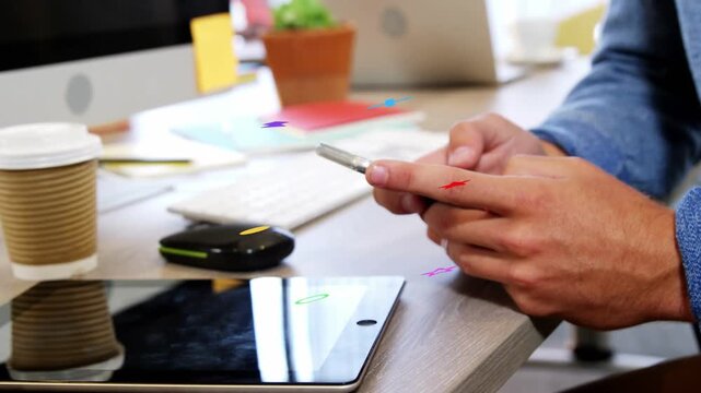 Hands holding phone, tapping thumb and swiping, making icons multiply and signal notifications