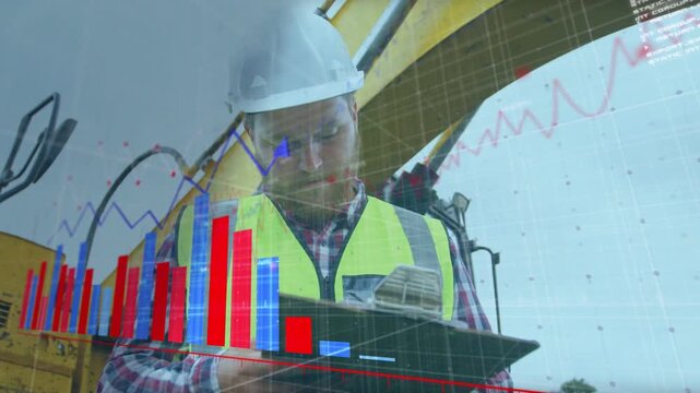Worker checking clipboard at excavator, red or blue charts appearing rising showing construction dat