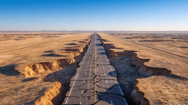 dislocation. Aerial view of a cracked desert highway with severe lateral dislocation. travel magazines, destination branding, designed for outdoor magazines and nature guides.
