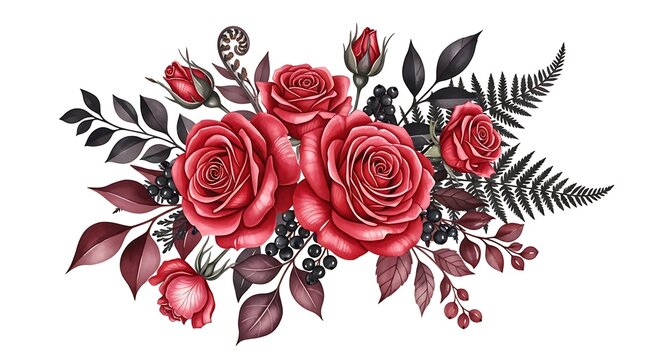 Watercolor rich red rose and burgundy floral bouquet with dark berries