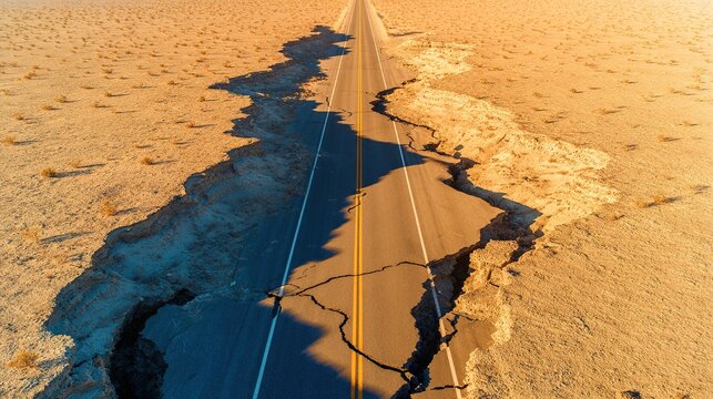 dislocation. Aerial view of a cracked desert highway with severe lateral dislocation. travel magazines, destination branding, designed for outdoor magazines and nature guides.