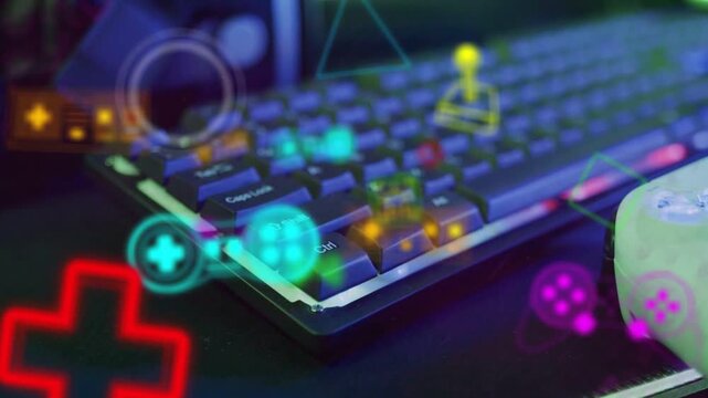 HUD overlay appearing, shifting; keys clearing while hand moving white pad, revealing RGB setup
