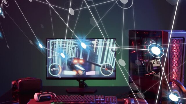 Desktop gaming setup centered, glowing nodes emerging from left forming overlay to show network