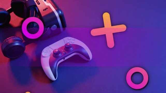 Magenta band sweeping, white gamepad, headset resting while X and O icons sliding, rotating for ad
