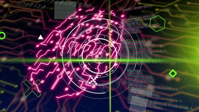 Green scan line sweeping, neon pink circuitry forming and brightening within HUD rings for analysis