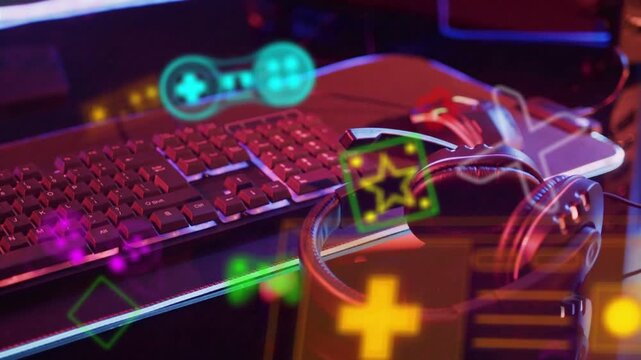 Neon HUD elements appearing and drifting over headset and keyboard, creating immersive AR scene