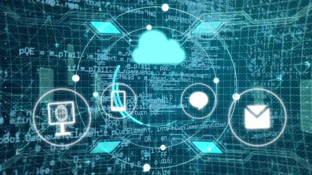 Bright cloud appearing, ring forming, arc rotating, icons orbiting then settling, showing services