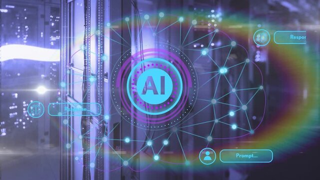 Central AI badge appearing hologram neural net expanding over racks UIs sliding showing status
