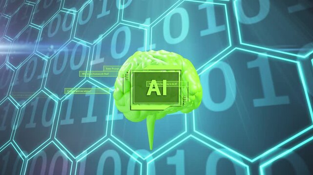AI module pulsing prompts HUD panels sliding as neon-green brain rotating visualizing AI activity