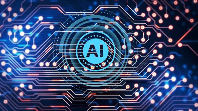 Central circular AI emblem starting with subtle glow, pulsing rings and traces showing signal flow