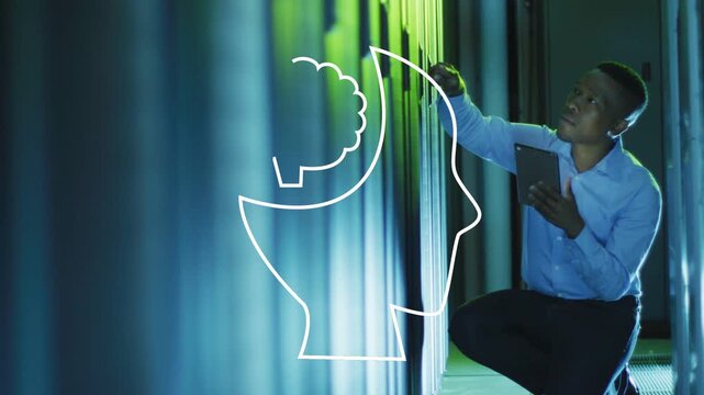 Data center tech tablet, pointing at rack, causing AI head and binary overlay, verifying systems
