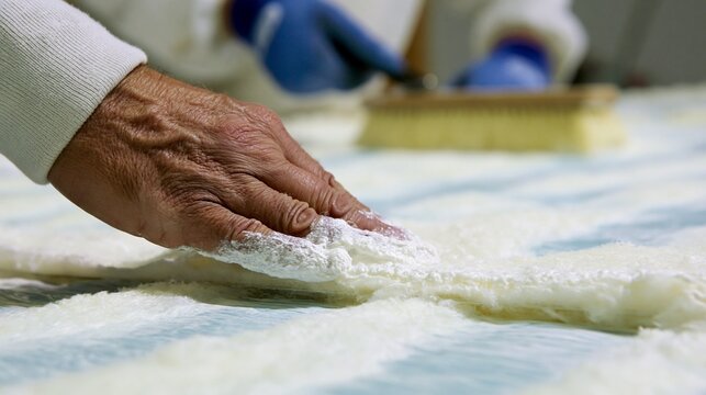 Closeup of fiberglass sheets being precisely arranged and coated with resin by skilled workers emphasizing durability and corrosion resistance.