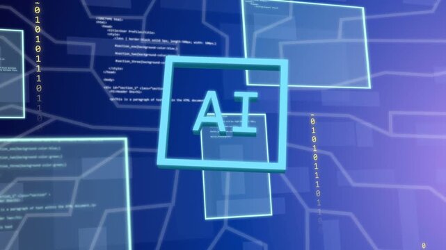 Cyan bar appearing, central AI square transforming into neon brain, circuits mapping code flow
