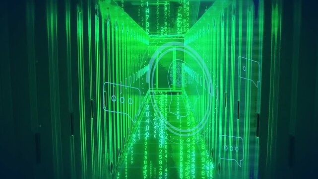 HUD pulsing, causing chat icons and binary rain cascading aisle, camera dollying showing data flow