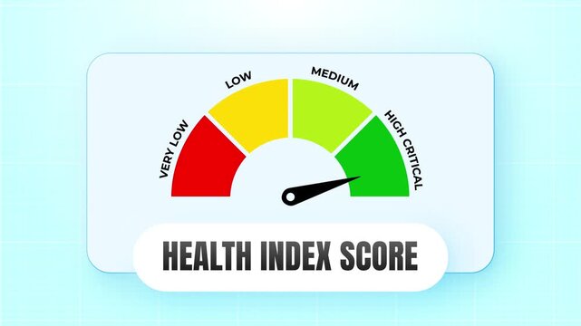 Health Index Score concept meter animation with bright digital lighting, vibrant red to green colors on smooth digital opal stone, 4k video