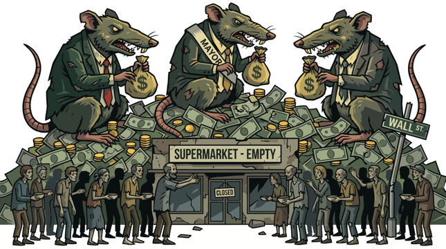 Cartoon illustration of three rats in suits sitting on a pile of money in front of an empty supermarket with a crowd of people standing in line, conveying a thought-provoking scene.