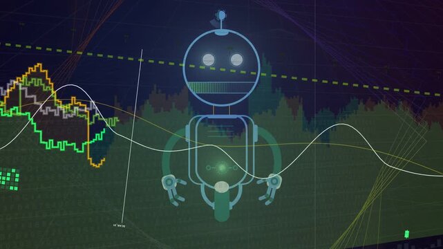 New data feed hitting left driving robot updating face as charts sweeping center for dashboard view