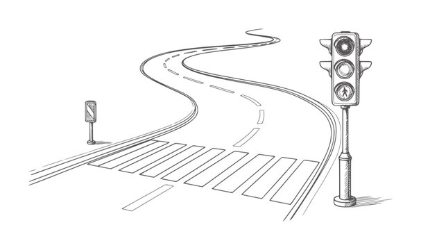 Of a winding road with a pedestrian crossing and traffic signal